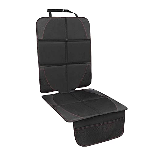 Ajxn Car Seat Protector, Thick Padding, 2 Mesh Storage Pockets, Waterproof, Protects Fabric or Leather Seats from Child Car Seat and Pets, Non-Slip Rubber Padded Backing, Fits for Most Cars(Black)