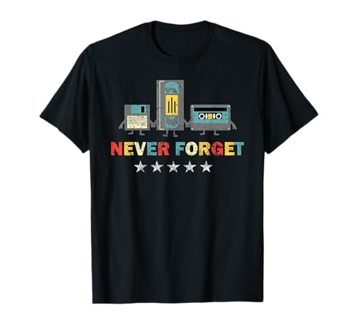 Questo bellissimo design a tema Never Forget Floppy, VHS, cassetta ha ispirato gli anni '60, '70s e '80s alla moda, questo tee will remain stile retrò per molti anni a come.Retro Vintage Never Forget Floppy, VHS, cassetta retrò stile funny design.