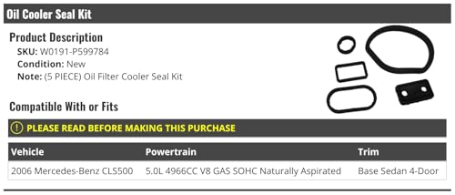 Oil Filter Cooler Seal Kit - Compatible with 2006 Mercedes-Benz CLS500 5.0L V8 SOHC Naturally Aspirated