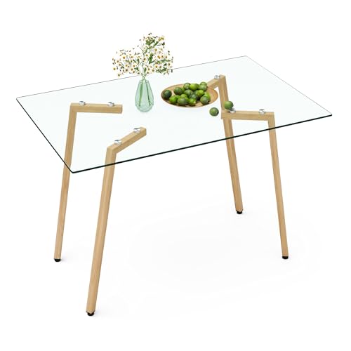 Table à manger rectangulaire moderne pour 4 à 6 personnes, plateau en verre robuste de 0,8 cm et pieds en métal, idéale pour la cuisine, la salle à manger...