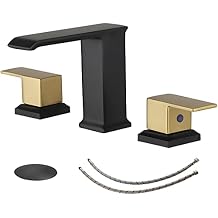BWE Waterfall Bathroom Faucet Black and Brushed Gold 3 Holes 8 Inch Two Handles Vanity Bathroom Sink Faucet with Pop Up Drain Stopper and Supply Lines Square Bath Lavatory Mixer Tap