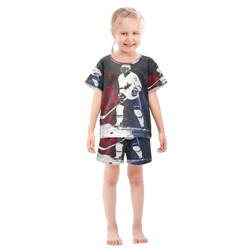 ALAZA Cute Color Ice Hockey Player Pajamas Set Short Sleeve Cotton Sleepwear Summer Pjs 2 Piece 5-14Y3