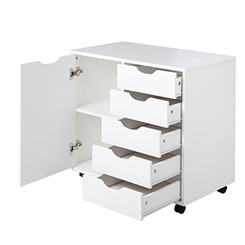 Naomi Home 5 Drawer Dresser for Bedroom Stylish Tall Dressers with Wheels Storage Shelves Small Dresser for Closet Makeup with 180 lbs Capacity - White
