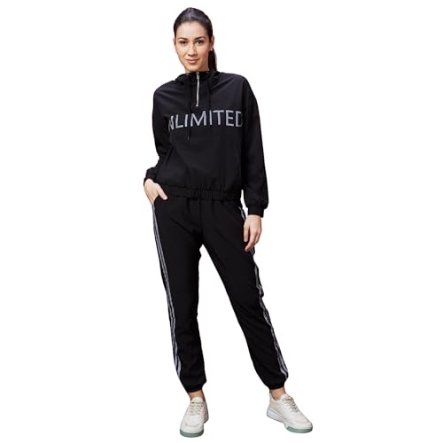 Image of Globus Women Black Typography Print Long Sleeves Hooded Bomber Jacket-3640090001