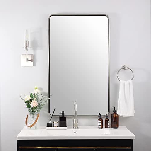 Image of ANDY STAR 24x40'' Bathroom Mirror for Wall, Brushed Nickel Rounded Rectangle Mirror for Vanity in Stainless Steel Tube Metal Frame Antirust Wall-Mounted Horizontal or Vertical