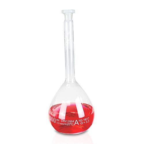 Verre borosilicate 3.3 de haute précision pour ce lot de 2 flacons volumétriques 1000 ml