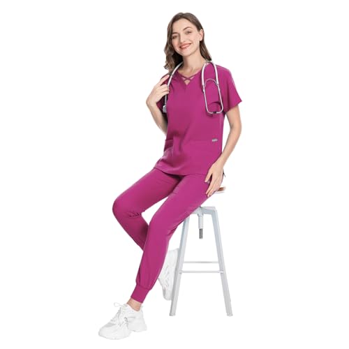 Image of VIAOLI Scrubs for Women Set Modern V-Neck Top & 8 Pocket Jogger Pants Nursing Uniform Solid Stretch Workwear