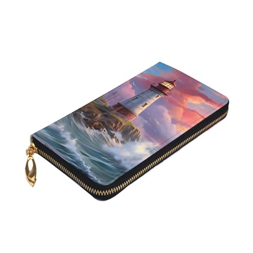 Lighthouse Diamond Painting Picture Leather Long Clutch Wallet for Fashionable Girls and Women - Durable, Stylish, and Functional, Black, One Size3