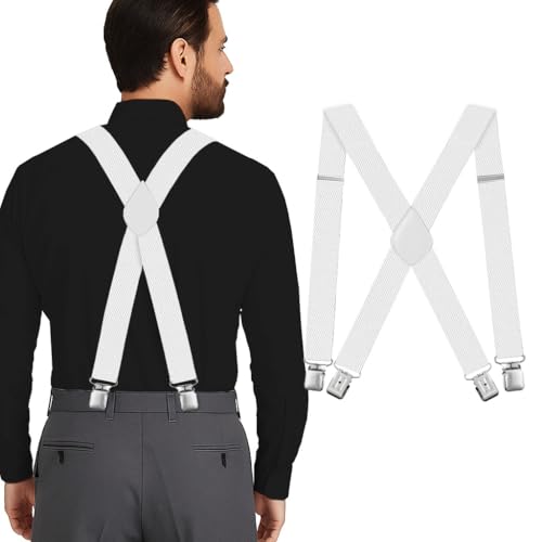 Suspenders for Men Heavy Duty - Adjustable 1.5 X-Back Mens Suspenders Tuxedo Suspender for Men (White)