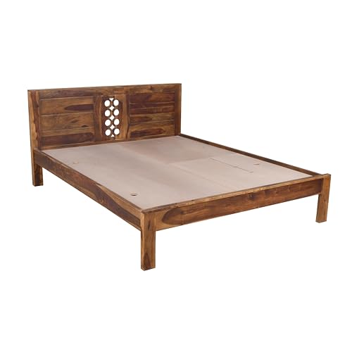 Image of EXCEL International Jiksa Design Solid Sheesham (Rose) Wood Queen Size Bed Without Storage | Wooden Double Bed | Rosewood, with Provincial Teak Finish - Elegant, Durable & Spacious