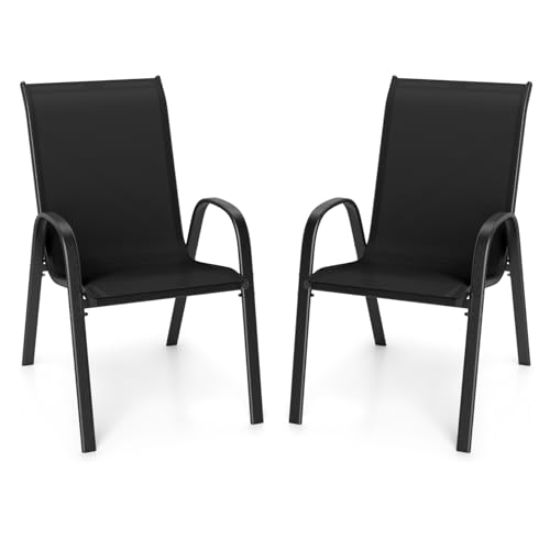 Image of Giantex Patio Chairs Set of 2, Stackable Outdoor Dining Chairs with Breathable & Quick-Dry Fabric & Armrests for All Weather, Lawn, Backyard, Poolside,Porch, Deck, 330 LBS Capacity (Black)