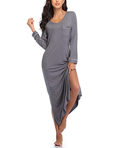 COLORFULLEAF Nightgowns for Women Long Sleeve Soft Nightshirts V Neck Full Length Sleepwear Casual Loungewear