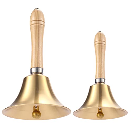 2 Packs Hand Bell, Super Loud Solid Brass Hand Call Bell with Wood Handle, 3.15 Inch and 4.3 Inch Handbell for Kids Adults, Loud Ringing Bell for Weddings, Christmas, School, Service, Game