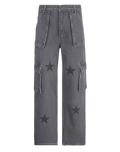 Womens Star Print Jeans Vintage Gray Denim Pants Y2K E-Girl Aesthetic Pants Classic Straight Leg Trousers2