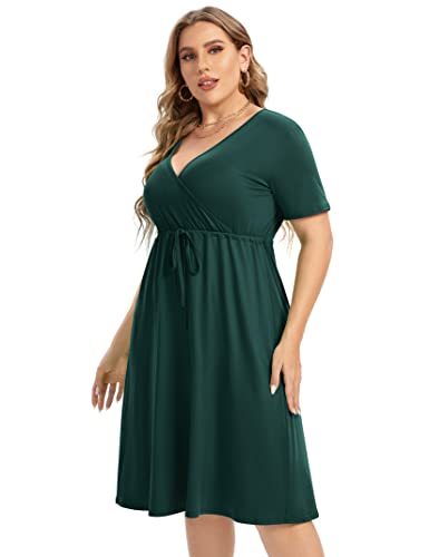 Image of Plus Size Dress Women's V Neck A-Line Knee Length Wrap Mini Dress with Belt Plus Size Dresses for Curvy Womengreen-cs 5X-Large