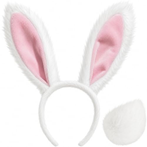 Bunny Ear Headband & Tail Set Plush Rabbit Ears Costume Accessories for Easter Halloween Cosplay Parties (White)