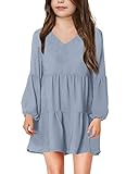 Batermoon Girls' Long Sleeve Dress V Neck Casual Loose Ruffle Swing Tunic Shirt Dresses Blue