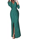 ORANDESIGNE Damen Festlich Hochzeit Kleid Langes Elegant V-Ausschnitt Langarm Glänzend Brillant Abendkleid Cocktailkleid Partykleid Ballkleid Maxikleid A Grün 46