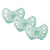 Dentistar Set van 3 Orthodontische Siliconen Fopspenen – Maat 1, 0-6 maanden– Pasgeboren Tanden en Kaak Fopspeen – Licht op in het Donker – Made in Germany – BPA-vrij – Sterren, Turkoois