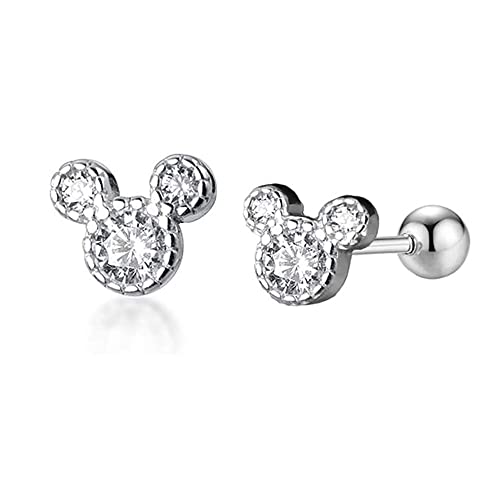 Tiny Cute Mouse Stud Sterling Silver Earrings for Women Girls Cubic Zirconia Mini Small 20g Barbell Ball Studs Cartilage Tragus 4 mm Bead Screw Back Piercing Body Jewelry (Silver)