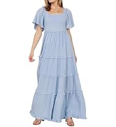 R.Vivimos Womens Summer 2026 Maxi Dress Short Sleeve Square Neck Elastic Smocked Swiss Dots Casua...