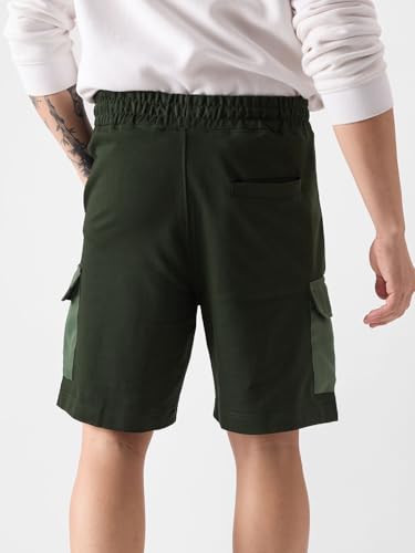 Image of The Souled Store Dark Olive Men Regular Fit Solid Cotton and Polyester Utility Shorts