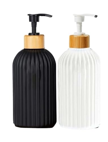 FOVAOK 2 dispensadores de jabón en tiras de 500 ml con bomba de bambú, botella recargable, champú, acondicionador, loción, jabón corporal, contenedor vacío para baño
