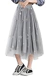 Girls A Line Long Skirt Mesh Cute Casual Midi Skirt Layered Flared Tulle Skirt Pleated Elastic Waist