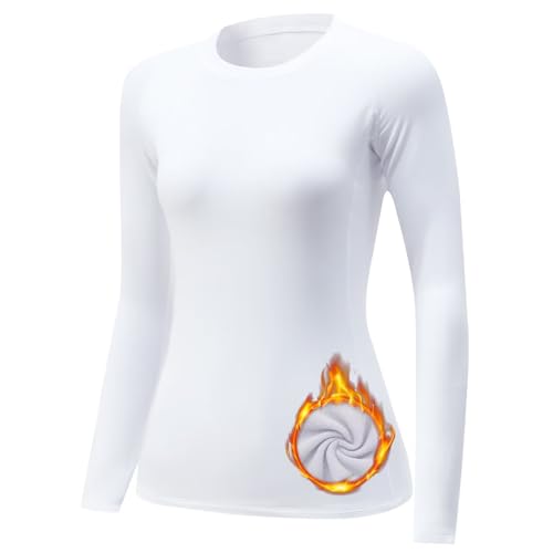 TERODACO Thermal Tops Womens Long Sleeve UPF50+ Ski Base Layer Women Soft Quick Dry Thermals Stretchy Micro Fleece Ladies Gym Running Sports Tops 22534 White M