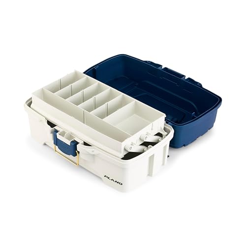 Image of Plano One-Tray Tackle Box, Blue /White, Rust-Proof Brass Latch, Top-Access Tray with Deep Storage, Made in the USA, Portable Fishing Gear Storage Organizer