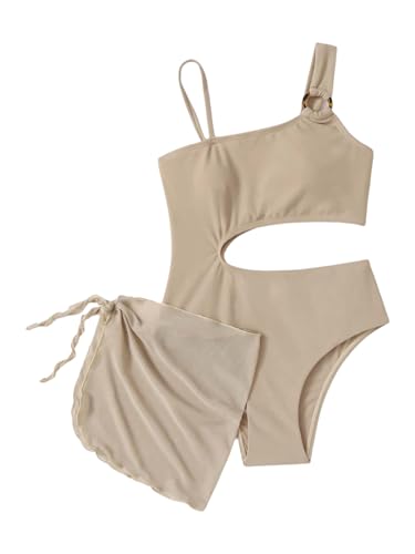 OYOANGLE Girl's Cut Out One Piece Swimsuit with Knot Side Beach Skirt Cover Up Swimwear