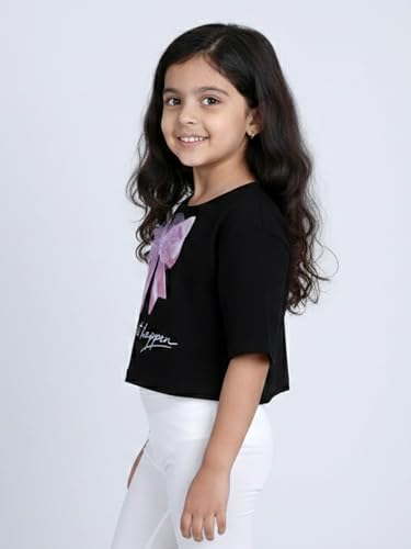 Image of KiddoPanti Girls 100% Cotton Solid Drop Shoulder Half Sleeve Round Neck Crop Tee