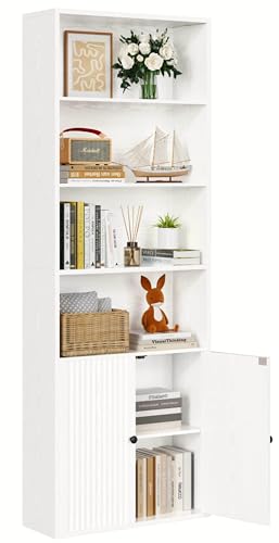 IRONCK Bookcase Bookshelf with Doors 6 Tier Tall Book Shelf Shelving Unit 60x23.5x180cm Free Standing Display Shelf for Living Room Home Office Dinning Room (white)