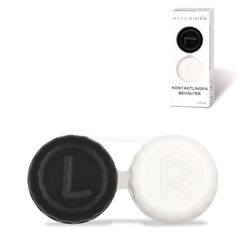 Magnivision Kontaktlinsenbehälter mit Links-Rechts-Markierung im klassischen Schwarz-Weiß Design, Kontaktlinsen Behältnis zur hygienischen Aufbewahrung von harten & weichen Kontaktlinsen | Classic