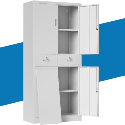 Image of Metal Storage Cabinet with Lock Door, Adjustable Shelves, 2 Drawers