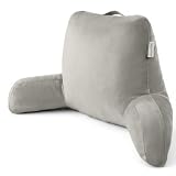 Yagamo Reading Pillow for Bed Sitting Up, Adults and Teens Backrest with Arms, Velvet Back Support Pillow for Sitting on Sofa, Couch with Washable Cover- Standard, Light Grey