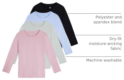 Image of Real Essentials 4 Pack: Girls' Dry-Fit Long Sleeve Crew Neck T-Shirt - Athletic Activewear Soccer Top for Teens Kids Youth