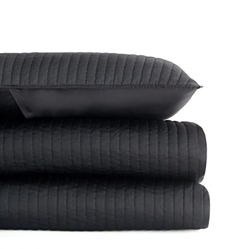 Hiend Accents Satin Channel 3 Piece Quilt Set With Pillow Shams, Super King Size, Black Solid Color, Classic Modern Style Luxury Bedding, Lightweight Silky Bed Set, 1 Quilt And 2 Pillowcases #TOP2