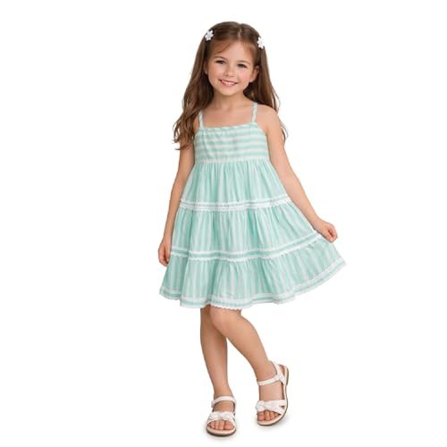 Image of The Magic Wand Kids Girls Printed Casual Dresses, Knee Length Singlet Strap Fit & Flared Cotton Once Piece Stylish Frocks for Summer Season