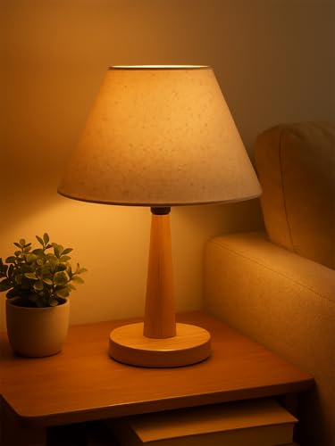 Image of Modern Wooden Table Lamp with Fabric Shade | Warm Ambient Lighting for Bedroom, Living Room & Home Decor | Bedside Nightstand Lamp with Soft Glow | Minimalist Design (Jute)