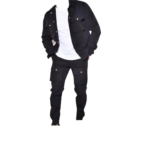 Spring Autumn Men Turn-Down Collar Jackets Pockets Cargo Pants Suits Men Stylish Slim Outfits