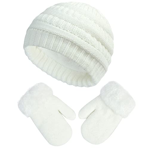 Exemaba Kinder Wintermütze und Handschuhe Set, Baby Kleinkind Winter Warm Beanie Hut Strickmütze Fäustlinge mit Fleece Gefütterten für Mädchen Jungen(Weiß,M/3-6 Jahre) Cover