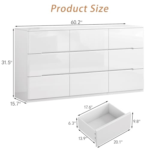 Image of White Wood Dresser, 9 Drawer Dressers for Clothes Storage for Bedroom, Modern Dresser with Wide Drawers, Wide Wooden Chest Drawers for Living Room, Entryway, TV Stand