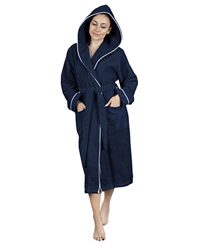 LAYNENBURG Bademantel Damen Frottee - Kapuze - Lang - 100% Baumwolle (360g/m2) - OEKO TEX Standard 100 - Größe (S, Blau)
