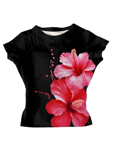 Image of RoseSeek Girl's Floral Graphic Crop Tops Tees Short Sleeve Crewneck Cute Slim Fit T Shirt Summer Tops