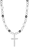 XFSRG Halskette Damen Ketten Perlen Kreuz Anhänger Silberkette Schmuck Kette Elegant Modisch Geschenk für Frauen Mädchen Hochzeit Geburtstag Weihnachten Perlenkette mit Kristall