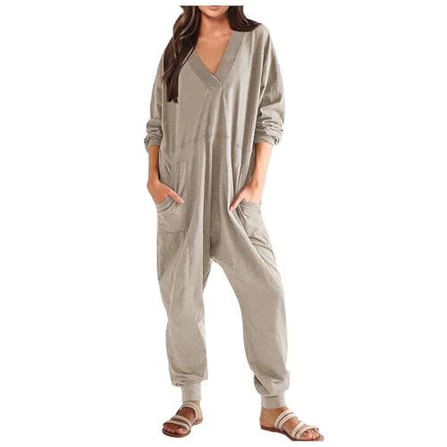 Mono para mujer de manga larga, holgado, cuello en V, pelele de pierna ancha, talla grande, Y2K, holgado, cómodo, monocolor, para el tiempo libre, chándal deportivo, caqui, XL