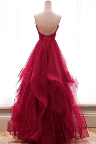Asulla V Neck Tulle Prom Dress Long Tiered Formal Evening Dresses Spaghetti Strap Ball Gown2