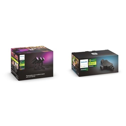 Philips Hue White & Color Ambiance Lily Gartenstrahler 3-er Pack & Outdoor T-Stecker, Zubehör Niedervolt-System, schwarz, wetterfest (IP67)