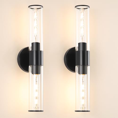 Matte Black Bathroom Sconces Wall Lighting, 2 Light Hardwired Bathroom Vanity Light, Modern Wall Sconce set of Two, Wall Mounted Light for Mirror, Makeup Vanity, Washroom, Hallway (Bulbs Not Included)